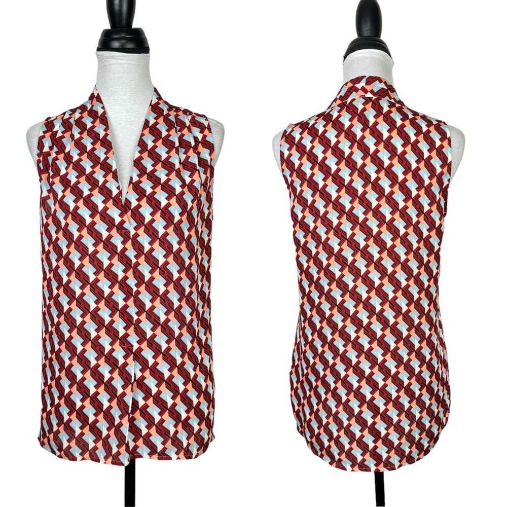 Laundry by Shelli Segal Colorful Printed Collarless V-neck Sleeveless Blouse